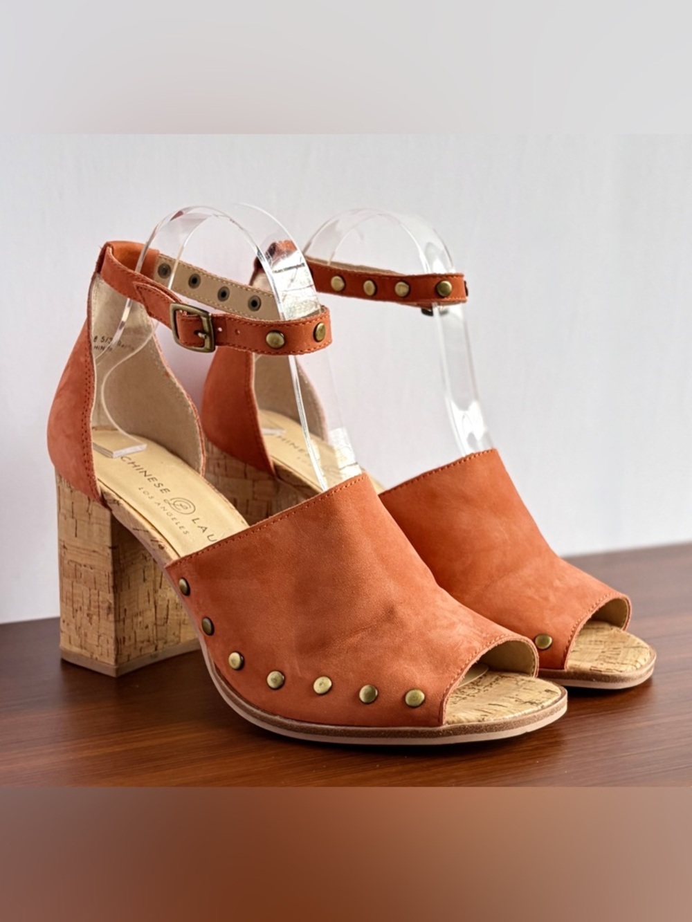 Chinese Laundry Leather Studded Peep Toe Block Heel Sandals 8.5